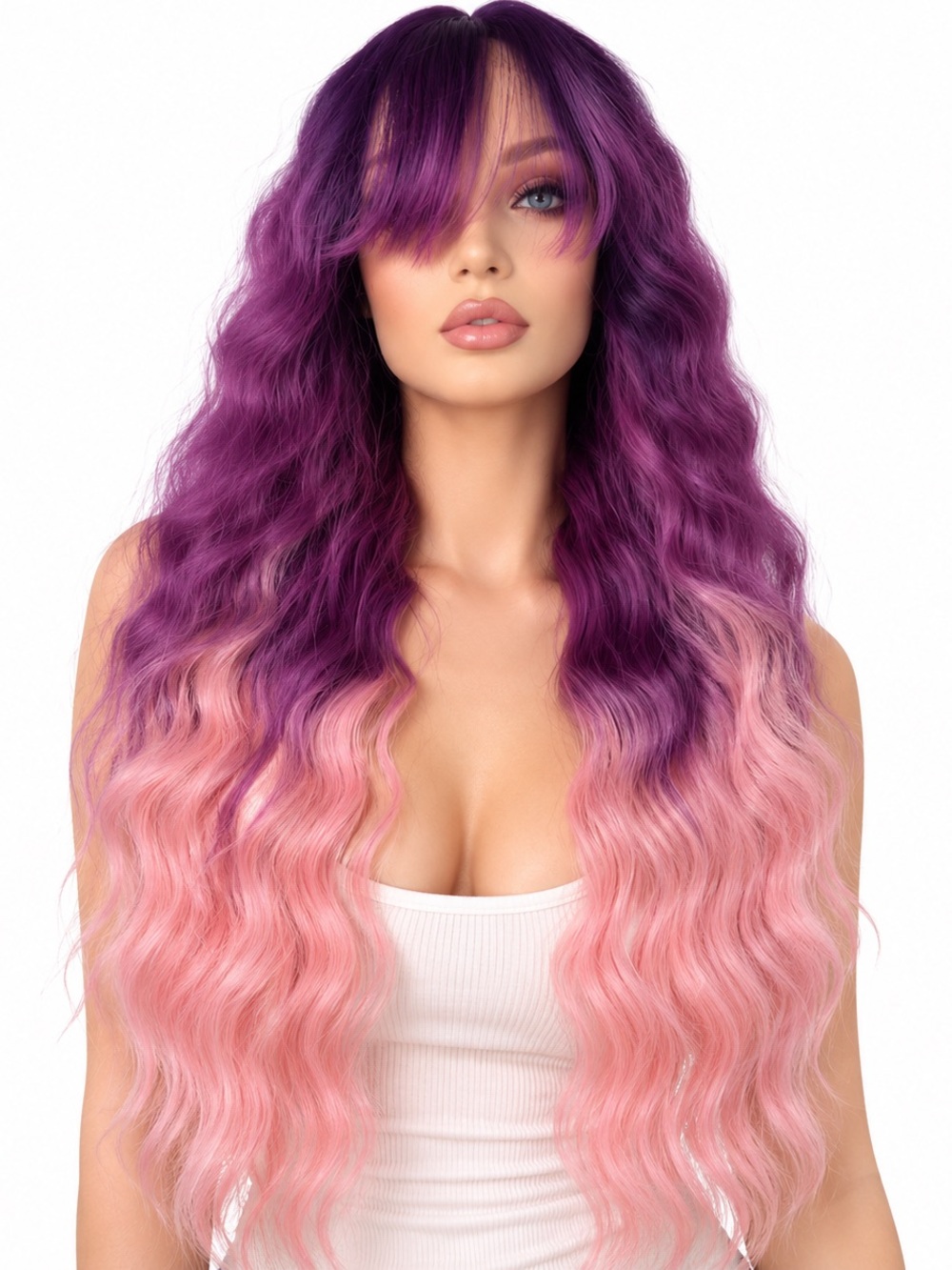 Long Wavy Ombre Wig in Purple and Pink -with bangs /fringe 26 inches long